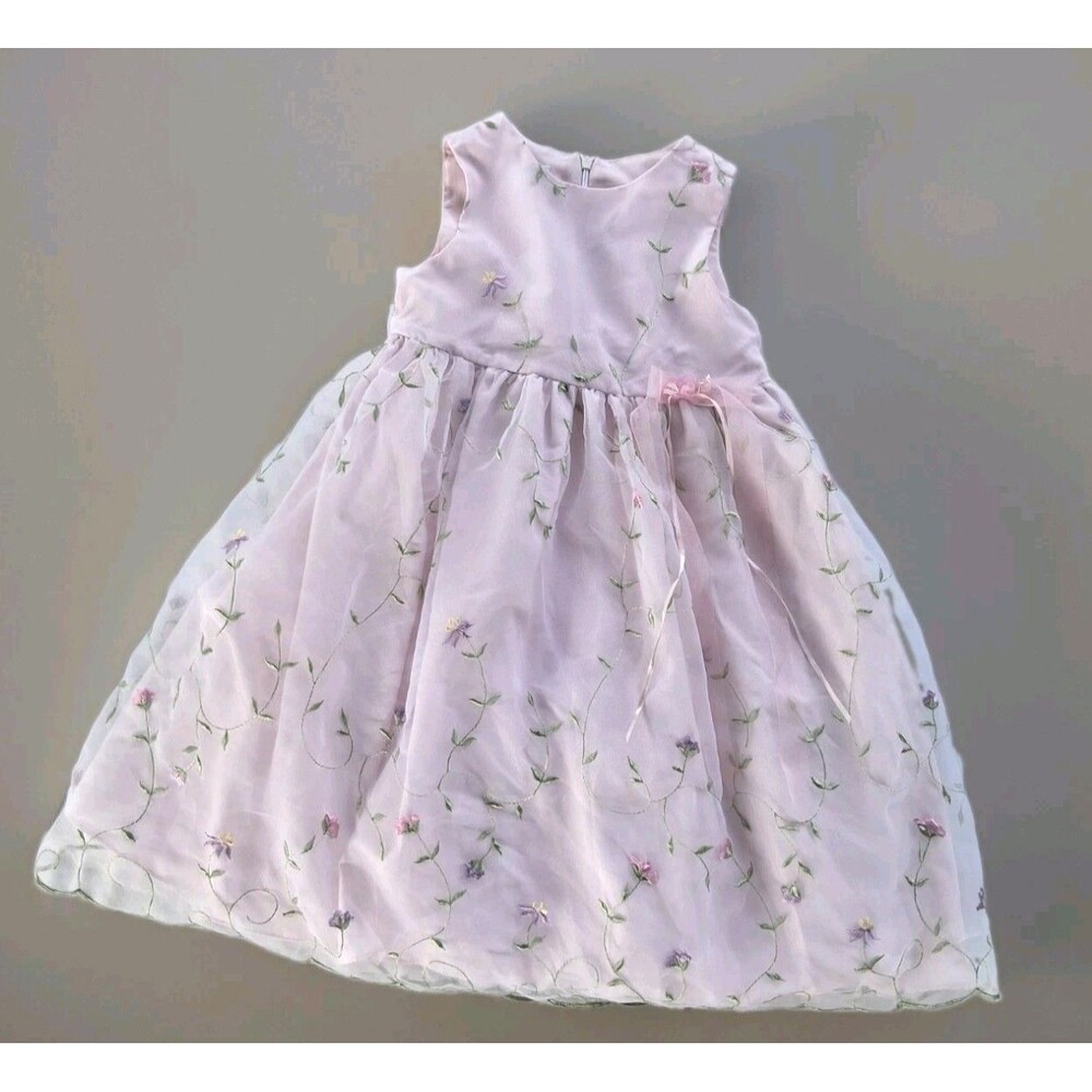 Bonnie Jean Girls 5 Pink Tulle Dress Floral Rosette Embroidery Tie Back